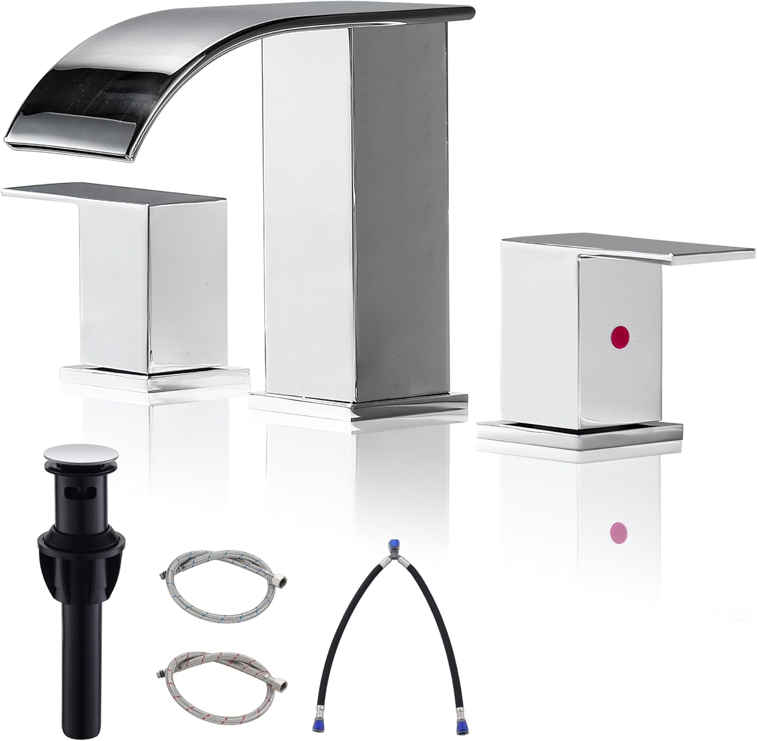 Chrome Bathroom Faucet 3 Holes 8Inch Widespread Bathroom Sink Faucet Two Handles Lavatory Vanity Waterfall Sink Faucets with Pop-up Drain Assembly & Supply Lines