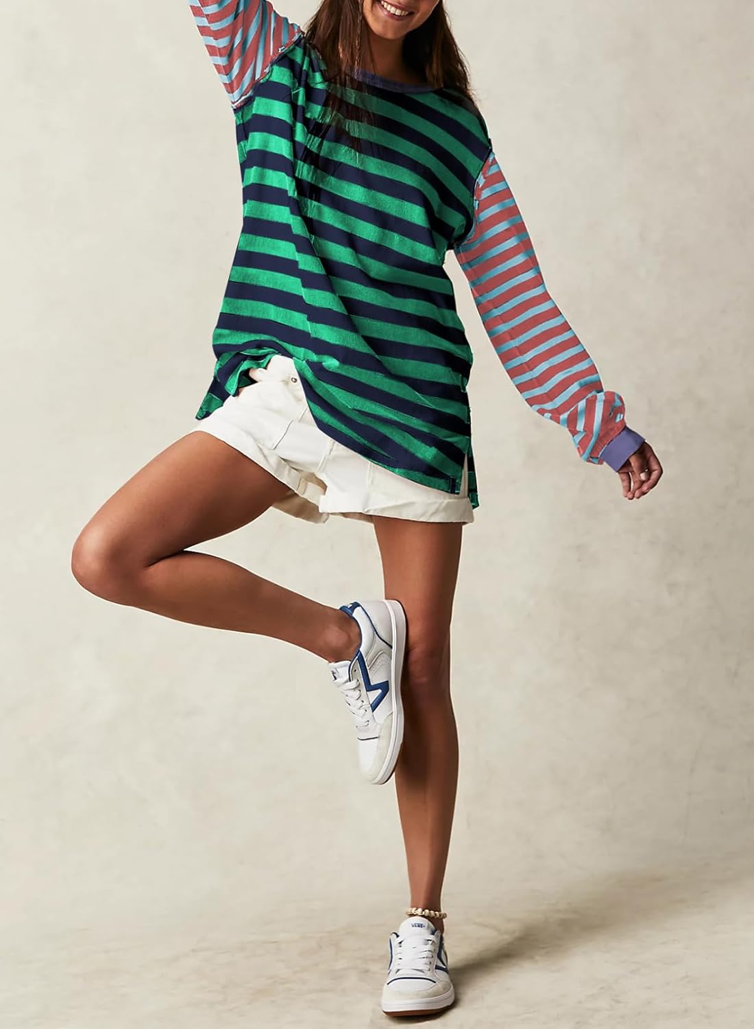 BLENCOT Women's Oversized Patchwork T Shirts Fall Long Sleeve Striped Color Block Loose Fit Pullover Tops - Image 5