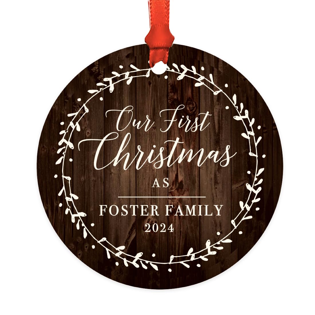 Andaz Press Custom Year Metal Christmas Ornament, Our First Christmas As A Foster Family 2024, Rustic Wood Florals, 1-Pack, Includes Ribbon and Gift Bag Foster Care Ornament Foster Family Ornament
