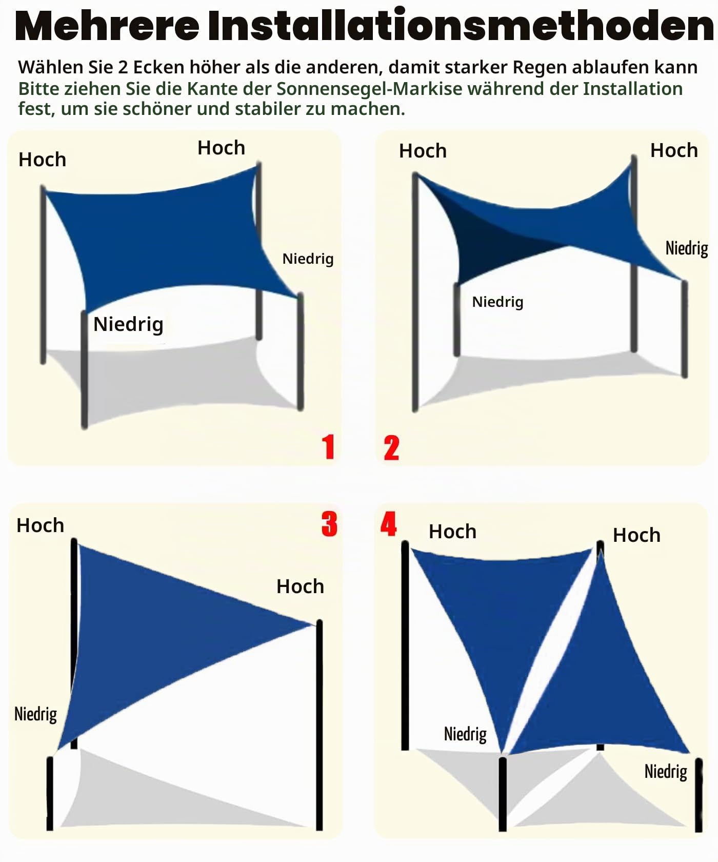 Sonnensegel, 2 m x 4 m, rechteckig, wasserdicht, PES-Polyester, 98 % UV-Schutz, für Terrasse / Garten, rechteckig, mit Seilen im Lieferumfang enthalten, cremefarben