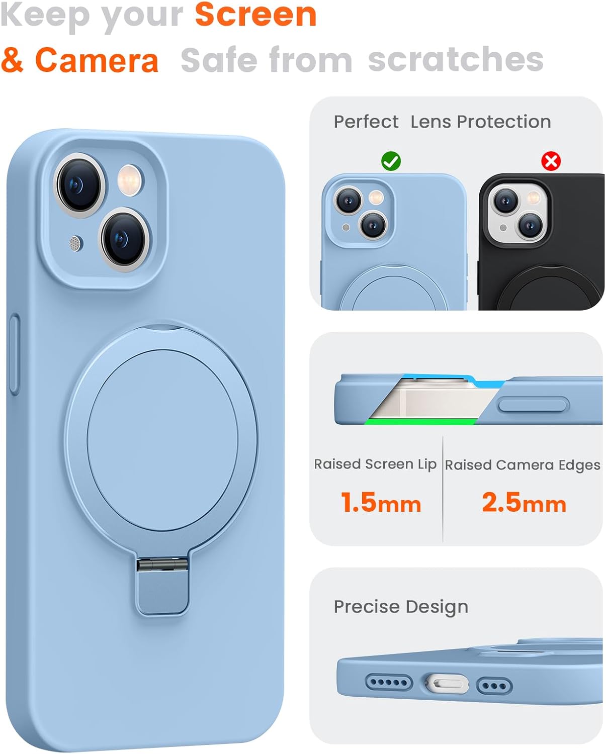 Liquid Silicone Case for iPhone 14 with Magnetic Ring Stand, Upgraded Camera Lens Protection, Mil-Grade Drop Shockproof, Anti-Scratch Microfiber Lining Silicone Case (Azure Blue) - Image 5