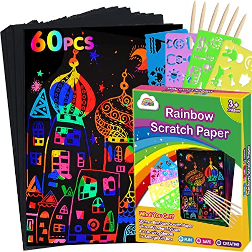 ZMLM Scratch Paper Art Set: 60Pcs Magic Drawing Art Craft Kid Black Scratch off Paper Supply Kit Toddler Preschool Learning Bulk Toy for Age 3 4 5 6 7 8 9 10 Girl Boy Holiday|Party Favor|Birthday Gift