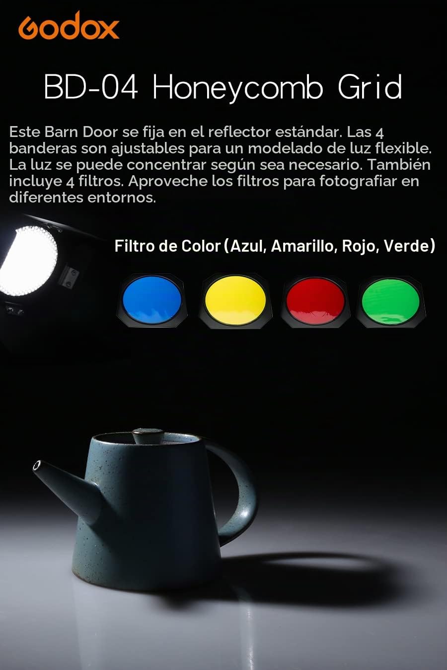 Godox Difusor reflector estándar de 7 pulgadas con diseño de escala de pez + puerta de granero BD-04 con rejilla de panal y 4 filtros de gel de color