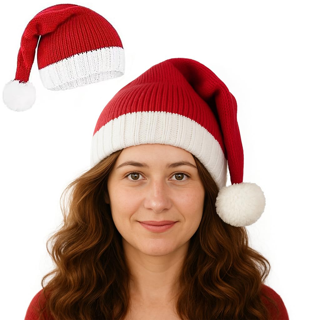 CCINEE Christmas Knitted Santa Hats, Red Christmas Beanies with Pom Xmas Party Hats for Adults Women Men Winter Holiday Party Decoration