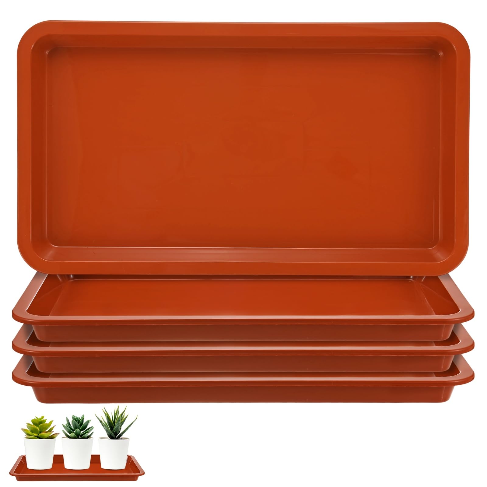 M METERXITY 4-Pack Plastic Plant Saucers, 7.4 x 14.4 Inch ID Rectangular Plant Pot Water Trays for Indoor/Outdoor, Flowerpot Drip Tray [9 x 16 Inch OD, Red]