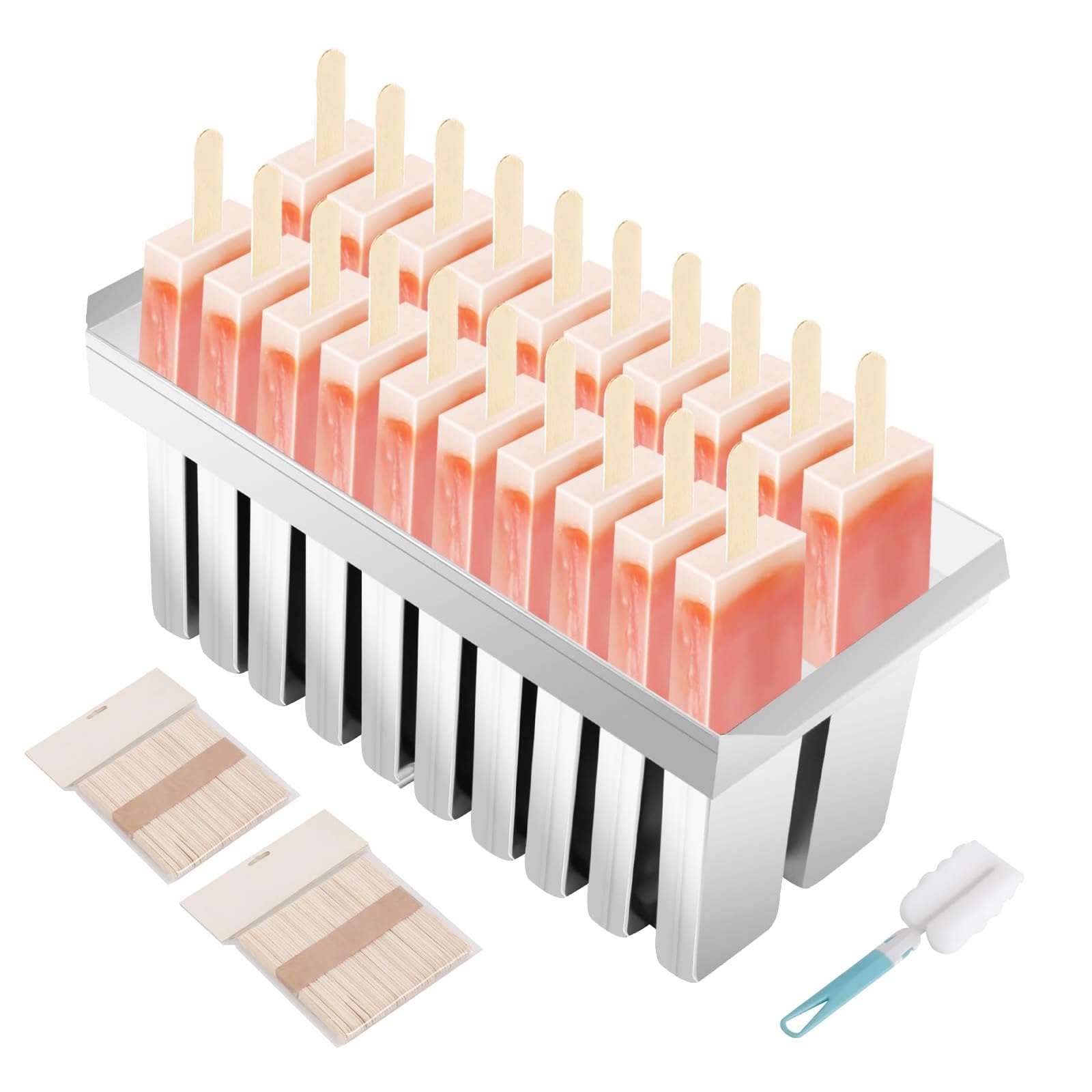 20 moldes de acero inoxidable para paletas de hielo, placa plana de cabeza plana con cepillo de limpieza y 100 palos de madera, moldes para paletas de hielo, capacidad de una sola taza de 115 g, para