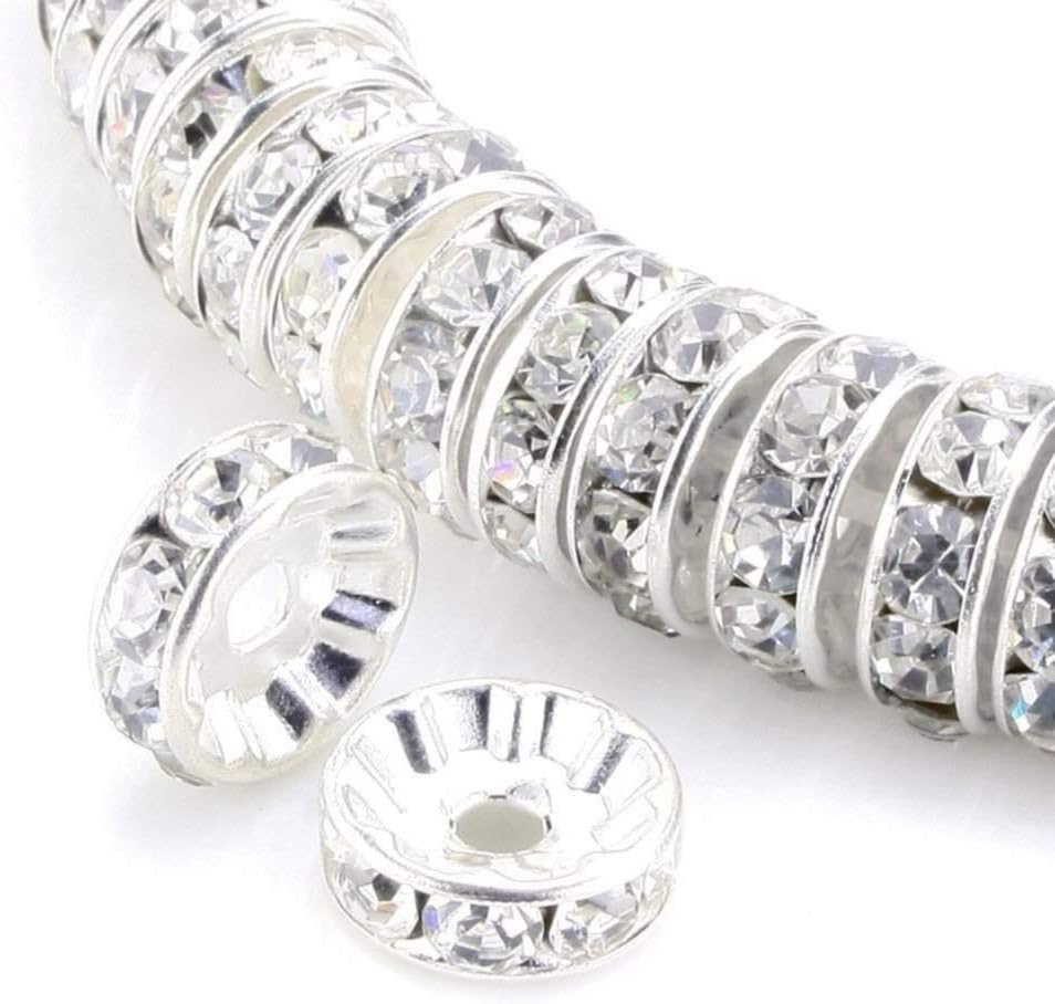 RUBYCA 100pcs Round Rondelle Spacer Charm Bead 4mm Silver Tone White Clear Czech Crystal DIY
