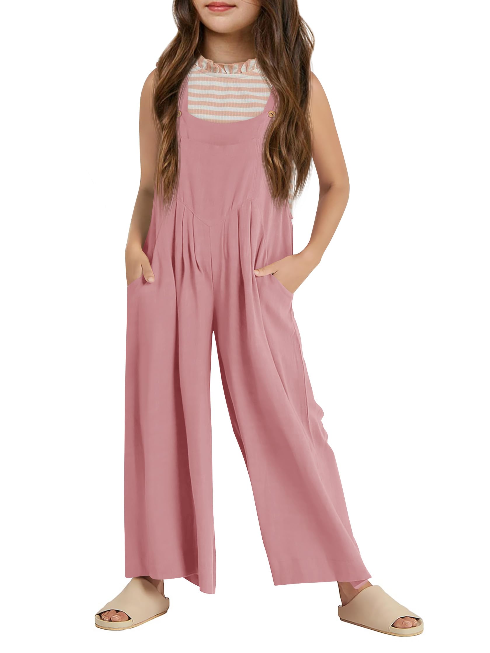 Haloumoning Girls Overalls Kids Casual Sleeveless Wide Leg Jumpsuit Loose Rompers with Pockets 5-14 Years