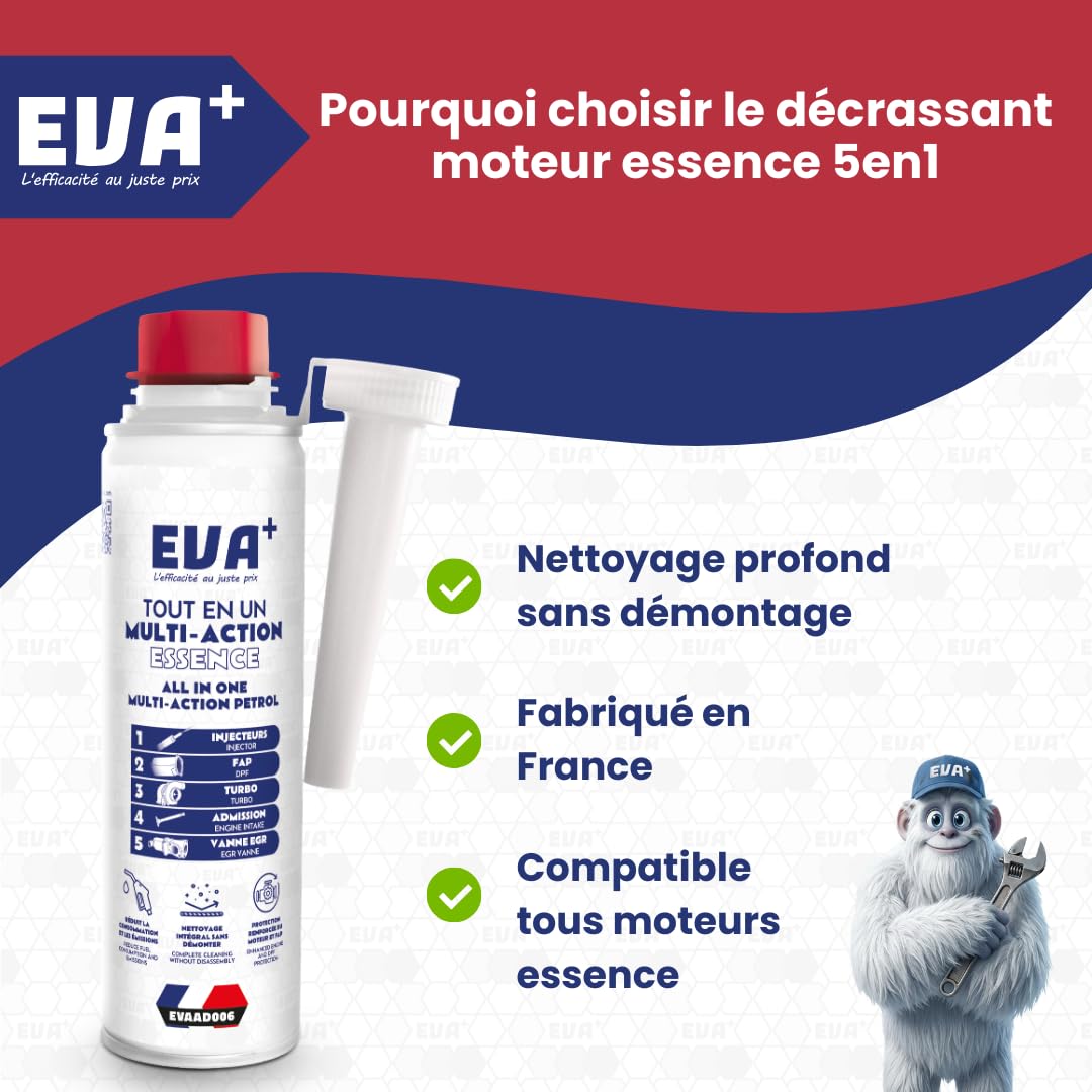 Décrassant Essence 5en1 300mL - EVA+ | EVAAD006 | Tout en Un Multi-action Sans Démontage | Nettoie Injecteurs EGR Turbo Catalyseur | Réduit Consommation | Nettoyant & Décalaminant Moteur Diesel