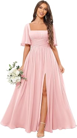 JKMMYO Flutter Sleeves Bridesmaid Dresses Long with Slit Pockets Square Neck Pleated Chiffon Formal Wedding Guest Gown