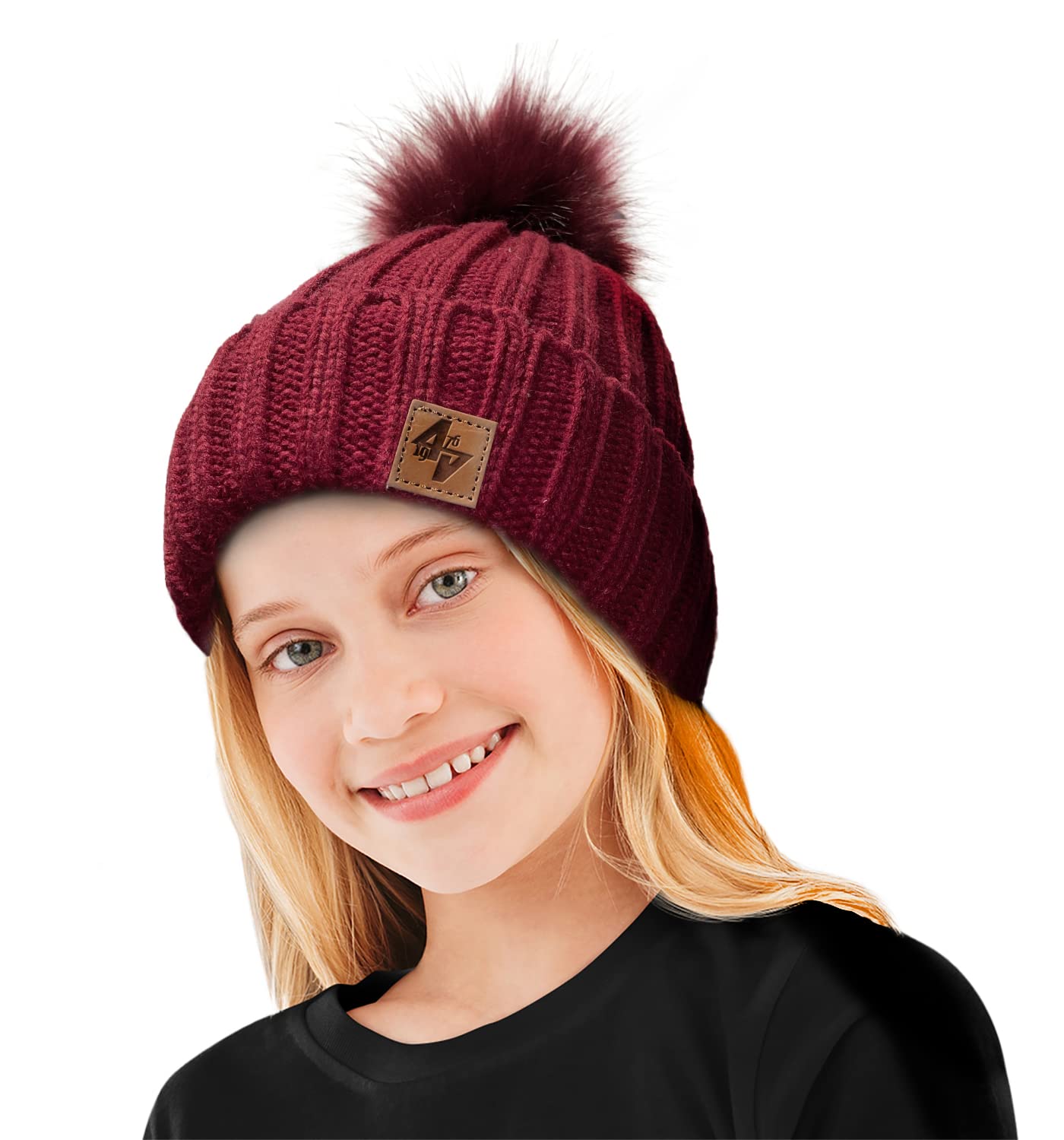 4Sold Unisex Kids Lines Maroon Maroon Bobble Hat Plain Kids Beanie Warm Winter Pom Wooly Cap Corkscrew Cable Knitted - Maroon Maroon