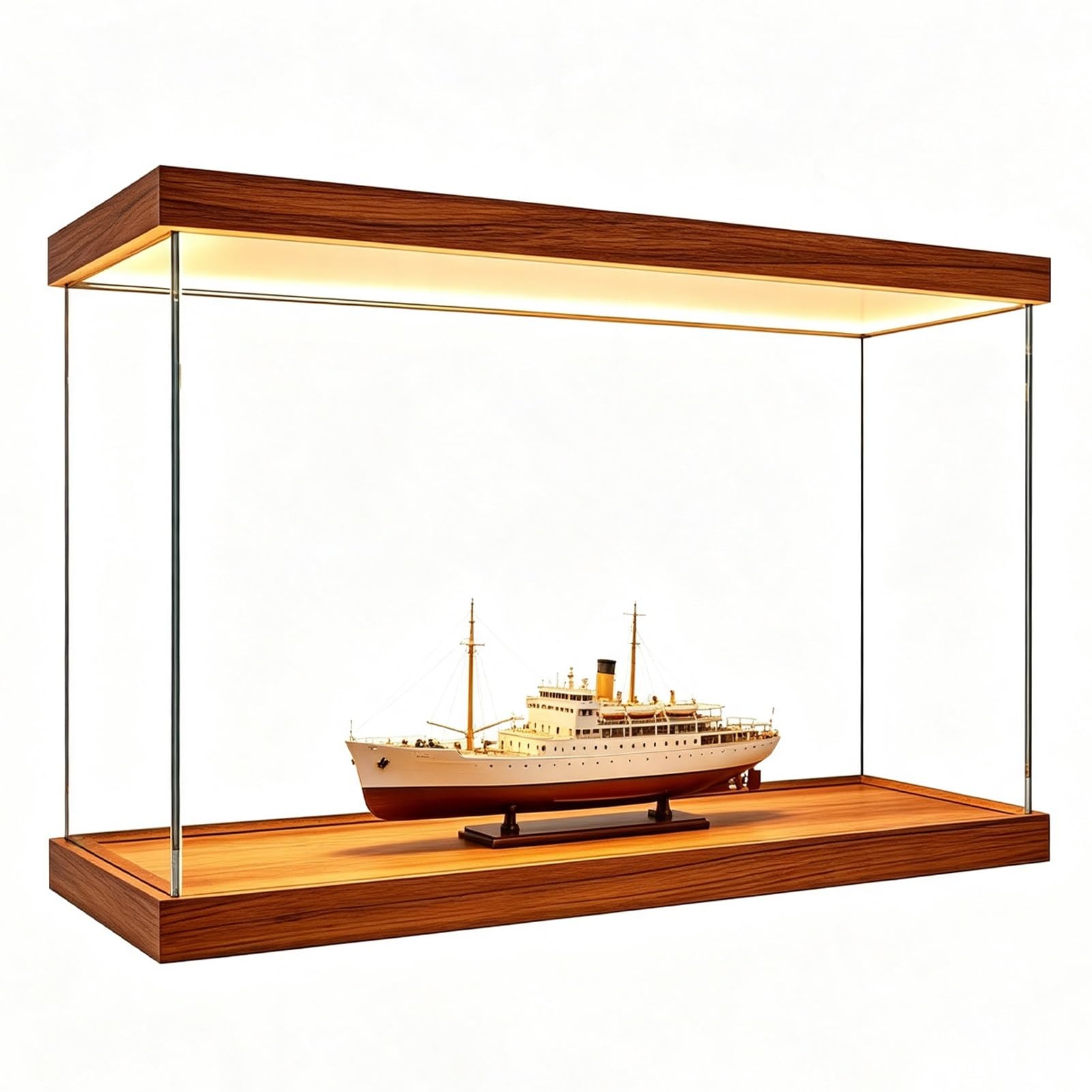 Vitrina Expositora Vitrina de Acrílico para Maquetas de Barcos | Caja Expositora Transparente Antipolvo, Vitrina de Acrílico con Base de Madera e Iluminación LED
