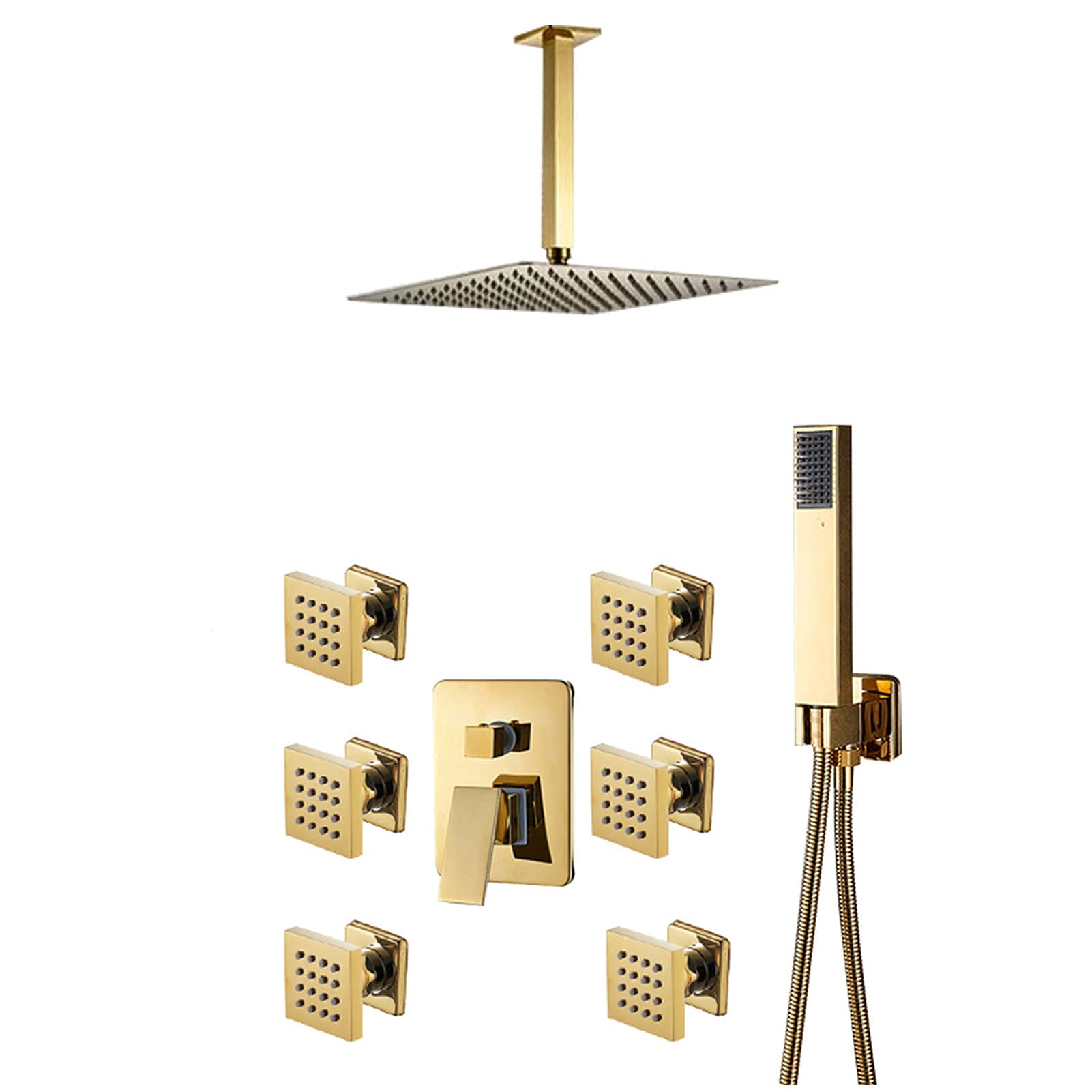 WXPGFEQ Gold Shower System, Ultrathin Rainfall Shower Head With Hand Shower, 6Pcs Massage Spa Jets, Ceiling Mount Shower Faucet Set,12Inch, 8Inch,10Inch,8inch
