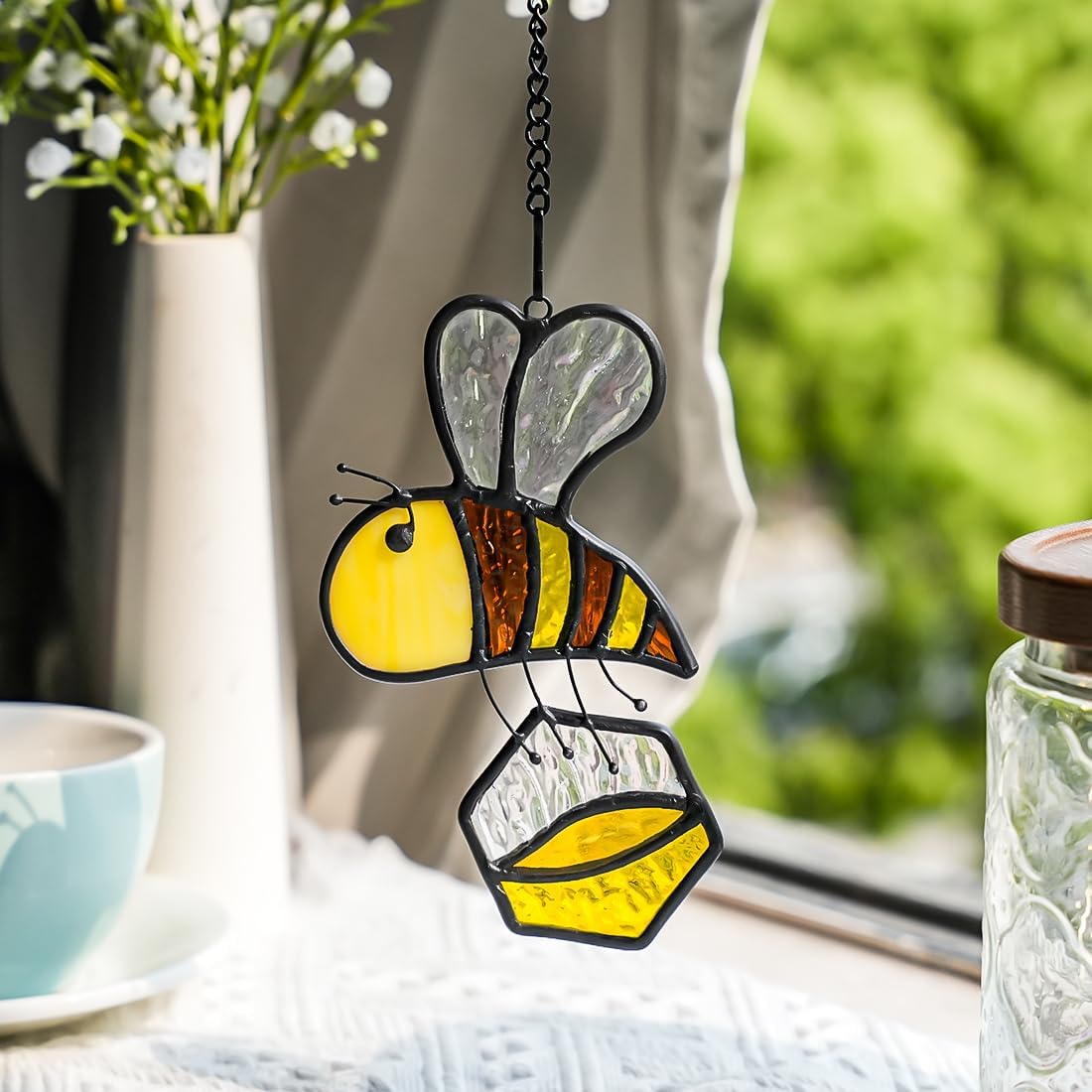 BOXCASA Honey Bee Decor Stained Glass Suncatcher,Bumble Bee Stained Glass Window Hanging,Birthday Bees Gifts for Bees Lover Women Mom Kids,Honeypot Decorations for Home - Image 2