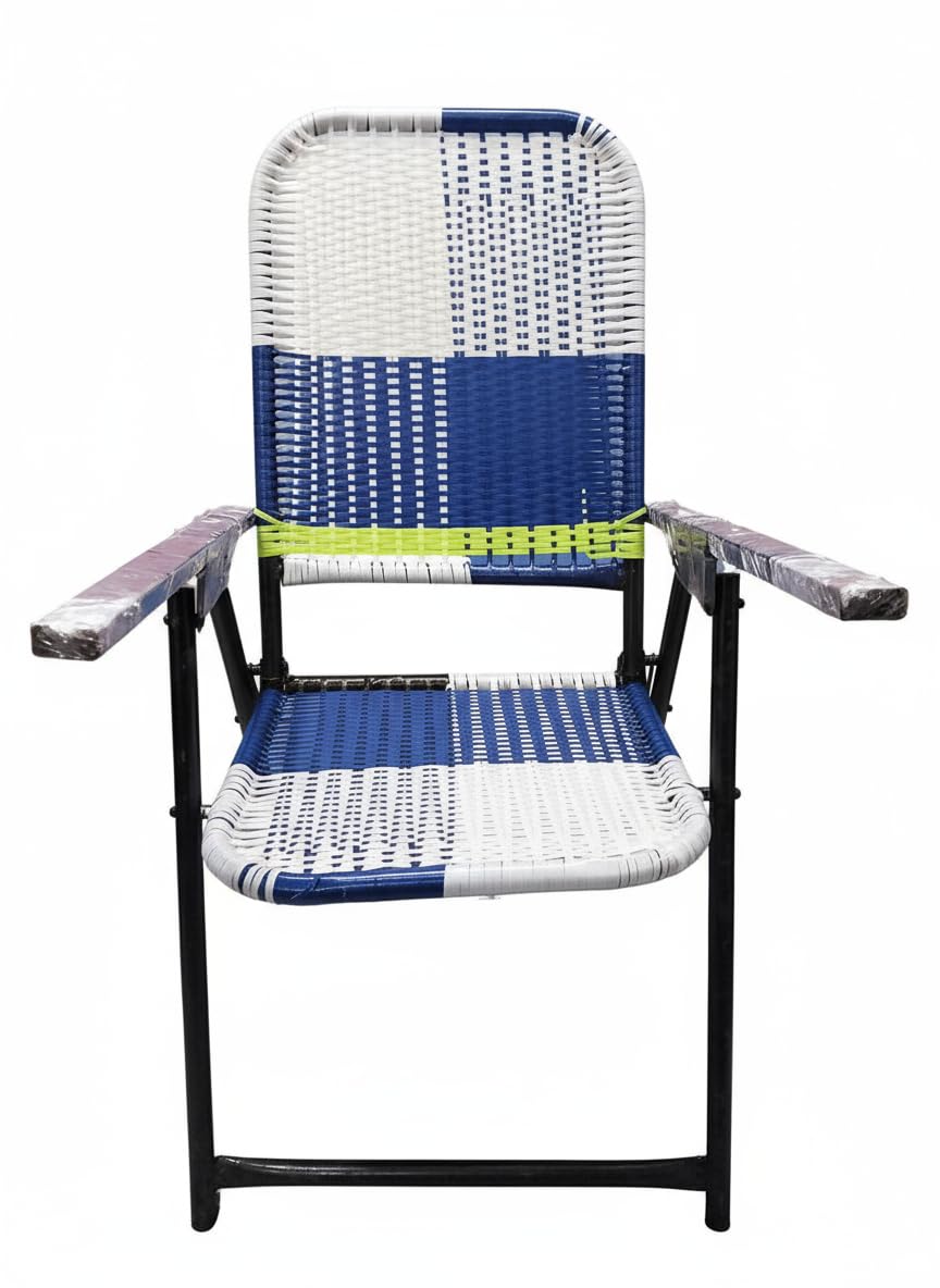 lynette || portable folding study chair with writing pad, green and white woven design, iron frame with armrests, lightweight multicolour chair for home, school and outdoors