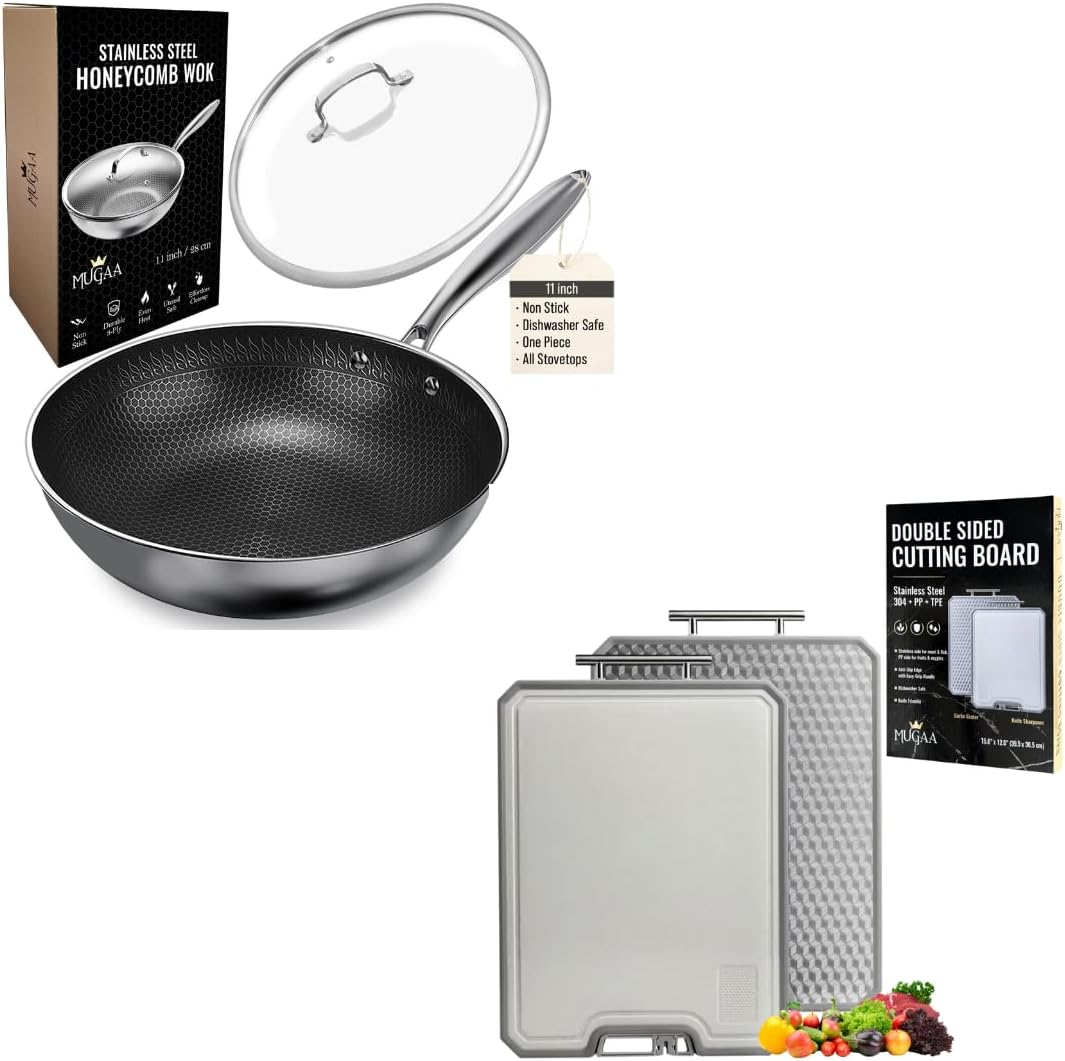 Nonstick Honeycomb Hybrid 11" Stainless Steel Wok with Lid + Medium 304 Steel Cutting Board Double Sided, Premium Kitchen Bundle