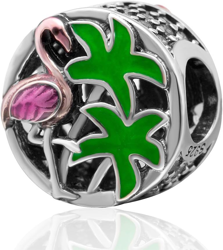 Fit DIY Charms Flamingo Palm Tree Charm - 925 Sterling Silver Dangling Bead