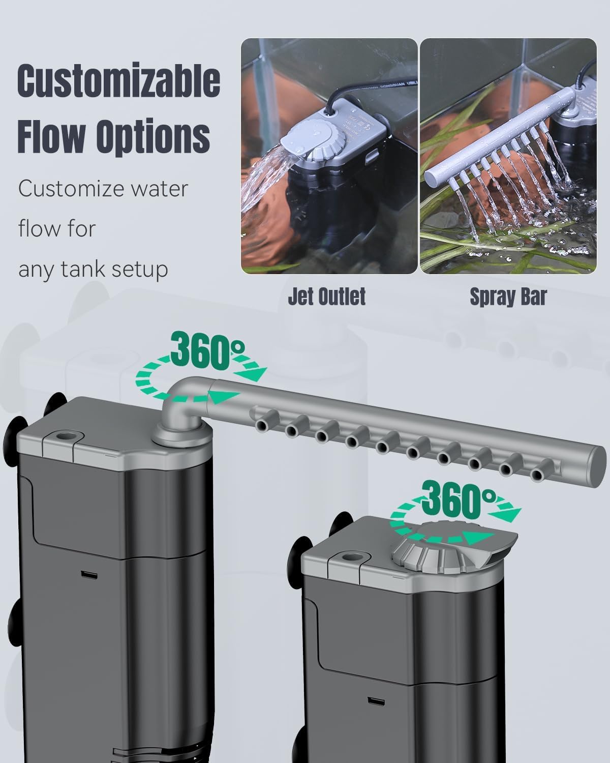 Image showing customizable flow options with both a jet outlet and a spray bar for the aquarium filter.
