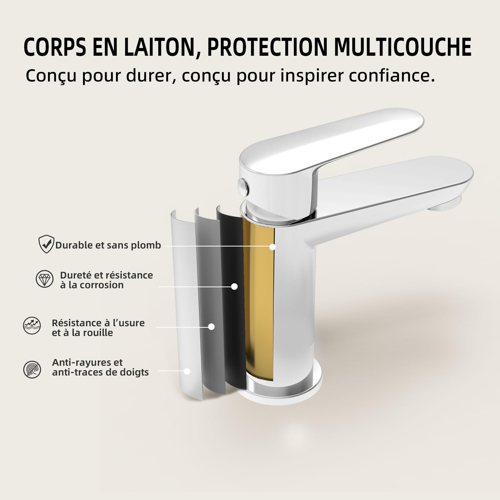 BELZ Robinet de Salle de Bain, Mitigeur de Lavabo Moderne - Laiton, Économiseur D'Eau et Durable, Chromé