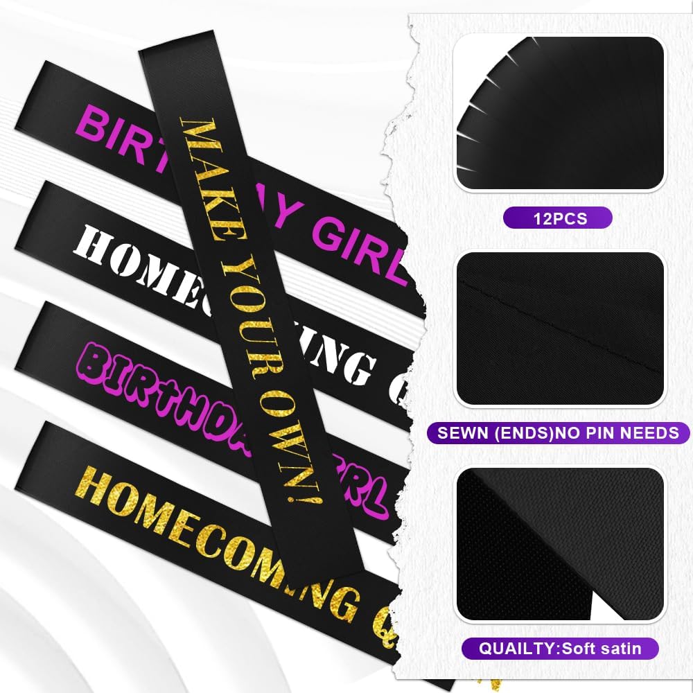 12 Pcs Blank Satin Sashes queen sashes Prom Queen Girl boy for Birthday, Wedding, Graduation, DIY, Hen Party