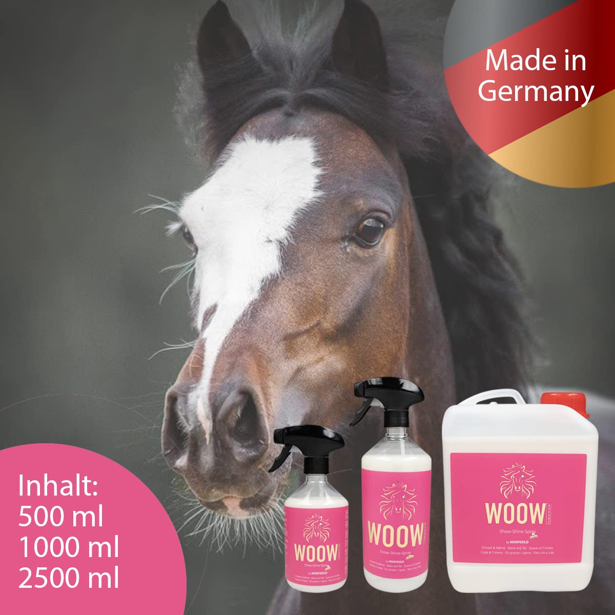 WOOW - Spray para crines para caballos, spray brillante y spray de cola con efecto sorpresa, para crines y colas, cuidado extra para frisos, Tinker, Haflinger, compatible con ADMR, 1000 ml