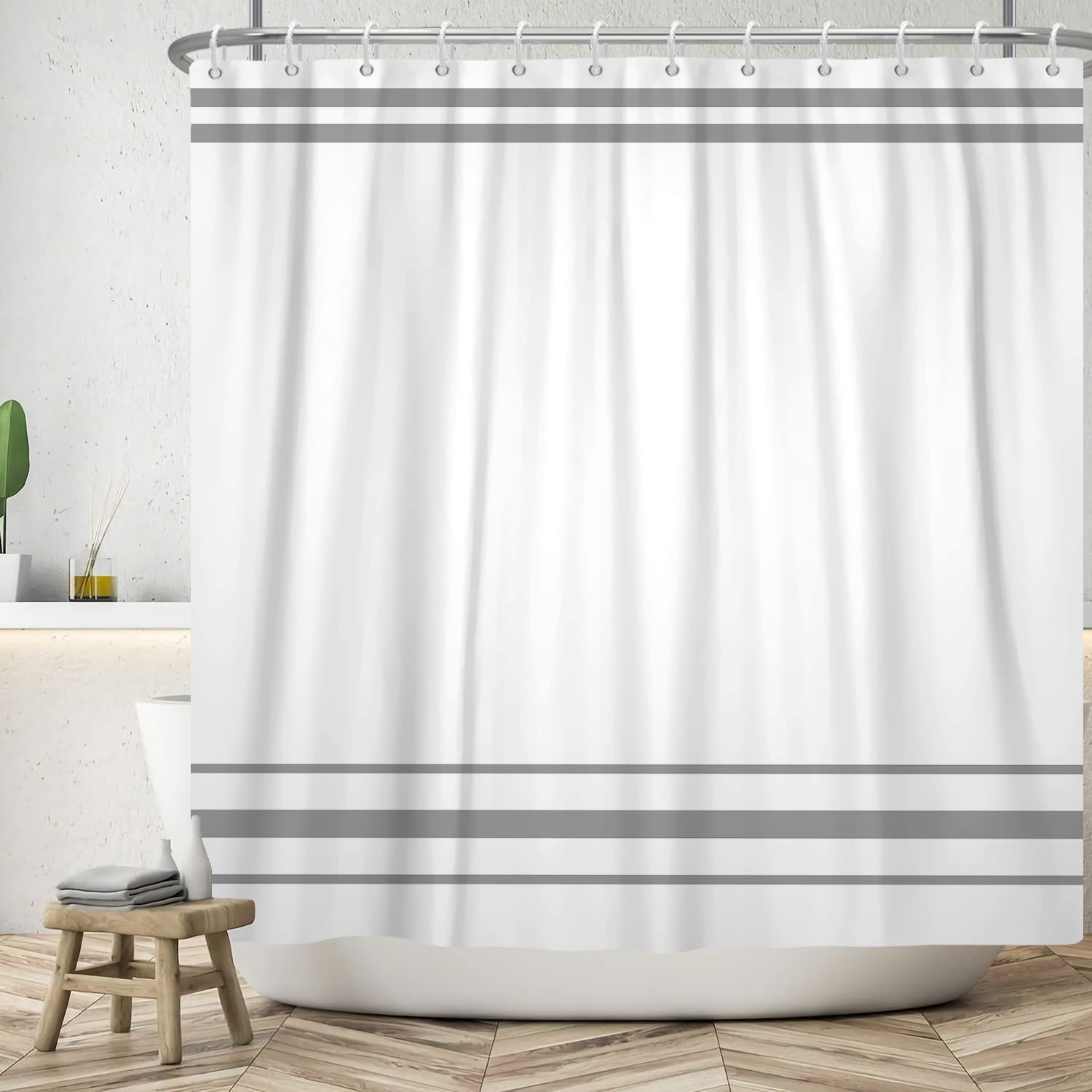 SDOTPMT 180x180cm Gray and White Shower Curtain Modern Minimalism Gray Striped Bath Curtain Countryside Farmhouse Classic Aesthetic Bathtub Curtain for Bathroom Decor Polyester with Hooks