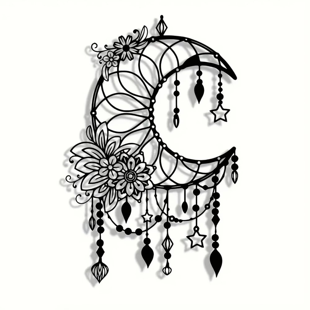 Xshelley30 cm Matte Black Moon Phase Wall Decor,Elegant Metal Moon Wall Art with Floral & Hanging Stars,Retro Flowers Sculptures Silhouette Hanging Home Decor