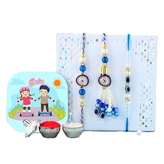 CraftVatika Chocolates with Evil Eye Rakhi for Brother Bhabhi Kids, Rakhi Set of 3 for Bhaiya Bhabhi Kids, Evil Eye Lumba, Rakhis Chocolates Gift Rakhis with Gift Hamper (Type-1)