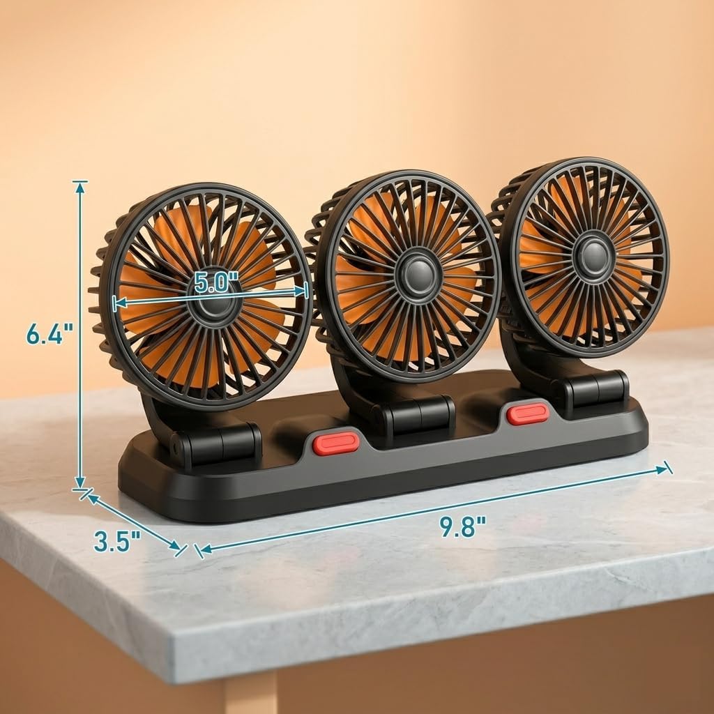 Triple-Head Fan for Car, Portable 3-Head Car Cooling Fan, 360° Rotating USB Fan with 2-Speed Adjustable, Powerful Airflow Low Noise, Silent Motor, Durable ABS, for Vehicle RV SUV Truck Sedan