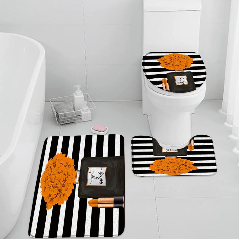3 Pieces Set Fashion Girl Bath Mat Pink Flower Perfume Black White Stripes Lady Lipstick Charming Modern Woman Bathroom Rugs Toilet Lid Cover Pedestal Rug U-Shaped