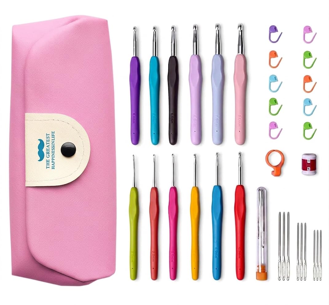 KRENZ Crochet Kit for Beginners Adults, Crochet Kits Include Yarn, 59pcs Crochet Starter Kit for Beginners Kids,Ergonomic Crochet Hooks 2.0-6.0 mm, Lace Steel Needles 0.6-1.9 mm (Pink Pouch)