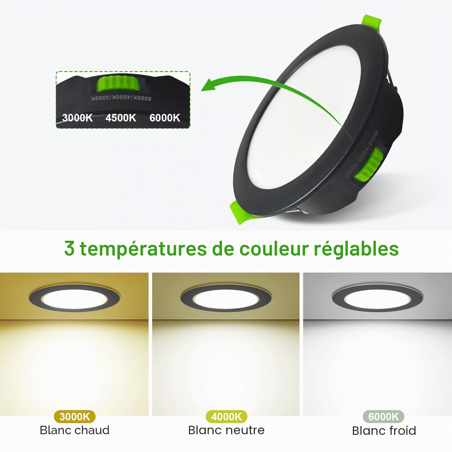 Sweier Spot LED Encastrable Dimmable, 7W 600LM Spots de Plafond Encastré Blanc Chaud 3000K Blanc Neutre 4500K Blanc Froid 6000K, Noir Spot LED IP44 pour Salle de Bain Cuisine Salon, Lot de 6