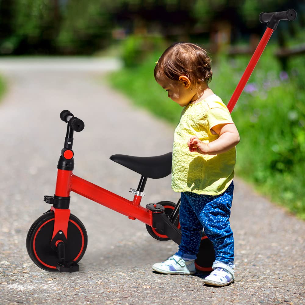Triciclo Bambini, Triciclo Bimba e Bimbo con Maniglione ad Altezza Regolabile, Max 25 kg, Giochi per Bambini 18 Mesi, 2-5 Anni, Ruote Silenziose, Asta di Spinta-3 in 1 (rosso)