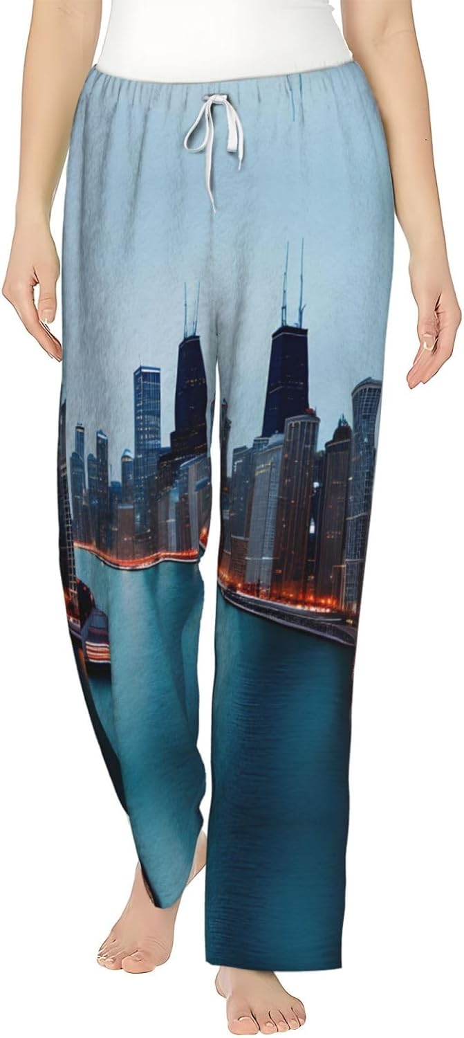 Chicago Print Cozy Christmas Pajama Pants,Flannel Pajama Bottoms,Cater To Various Body Types