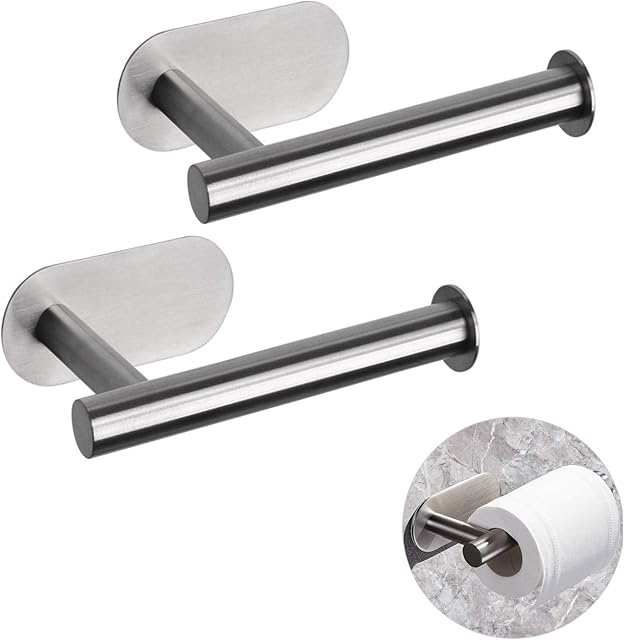 2 Pieces Toilet Roll Holder Wall Mounted, VEGCOO Self Adhesive Suction Stainless Steel Toilet Paper Holder, for Kitchen and Bathroom Waterproof Without Drilling