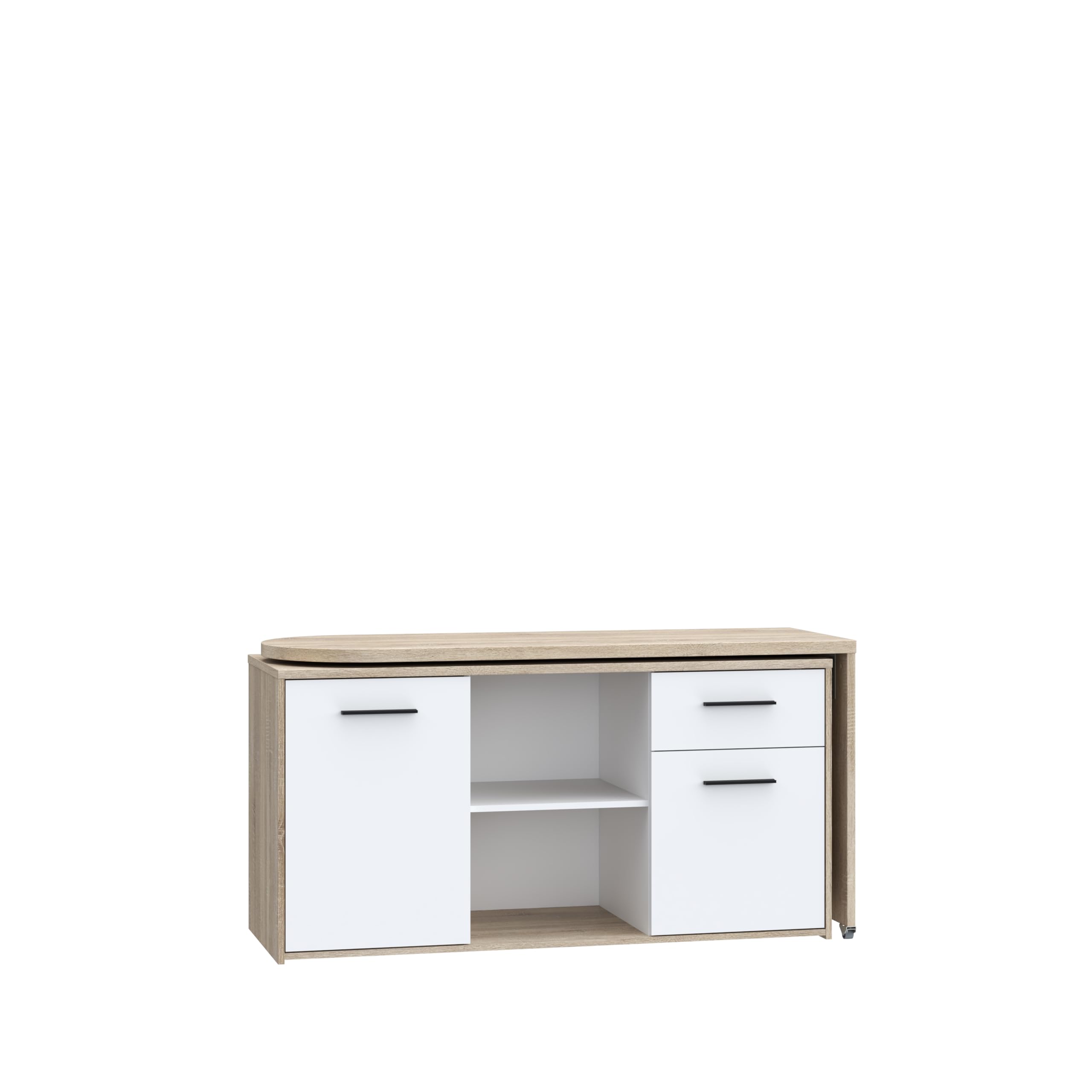 Forte ALIKLIA Schreibtisch 140 150, moderner Schreibtisch mit 1 Schublade und 1 Tür, Computertisch, Home Office, Holzwerkstoff, Weiß/Sonoma Eiche Holzdekor, 144 cm breit x 74,1 cm hoch x 50 cm tief