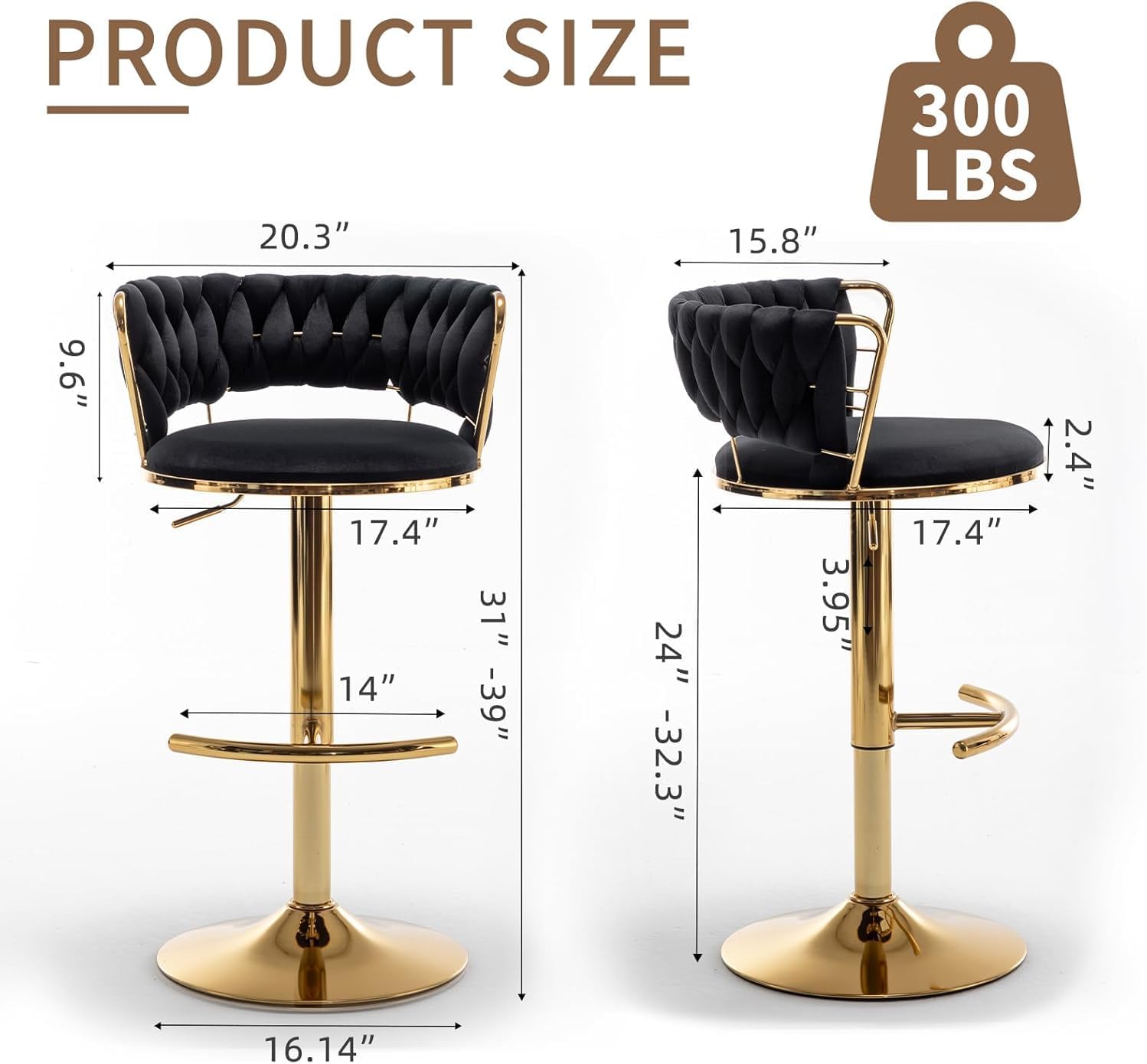Gold Bar Stools Set of 3, Velvet Swivel Barstools with Woven Backrest, Adjustable Counter Stools for Kitchen Island, Dining Room, Cafe, Pub (Black)