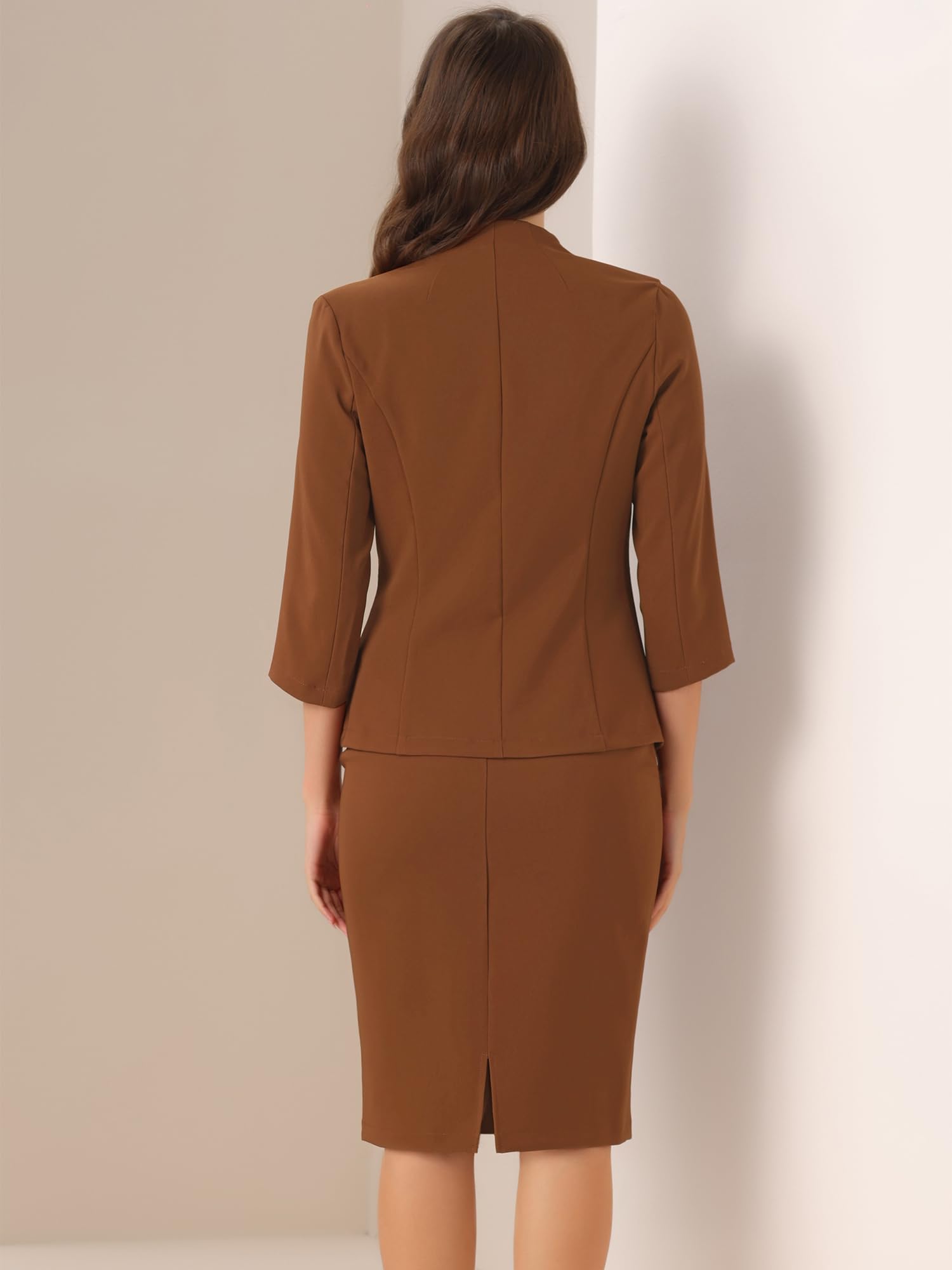 Allegra K Ensemble de Costume pour Femmes Jupe Crayon d'affaires Tenue de Travail 2 Pièces Blazer Col en V de Bureau Marron XL