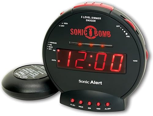 Sonic Bomb - Reloj despertador doble extra fuerte con vibrador de cama, negro | Sonic Alert vibrante, para personas de sueño pesado, batería de