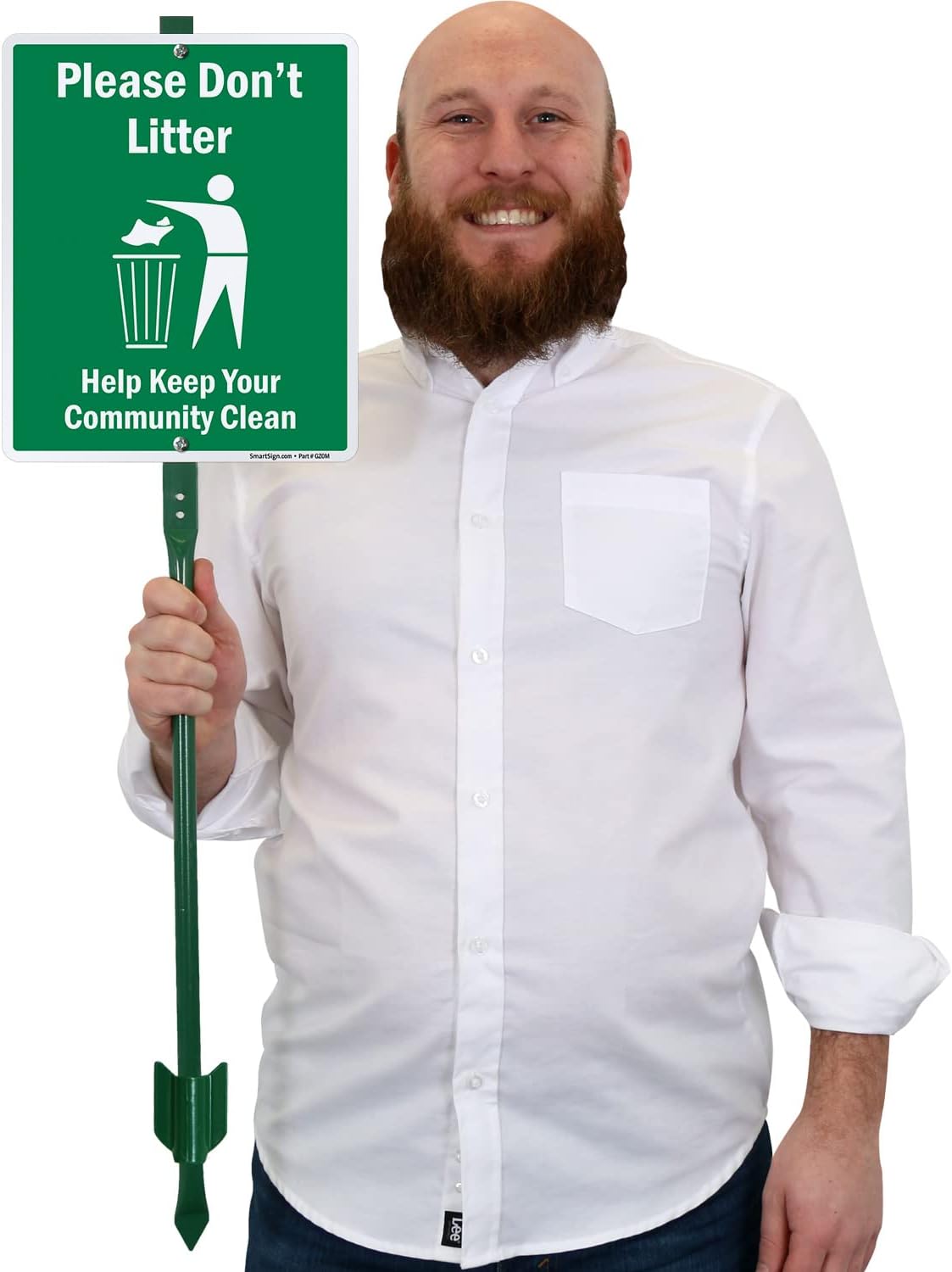 SmartSign 12 x 10 inch “Please Don't Litter - Help Keep Your Community Clean” LawnBoss Yard Sign with 3 foot Stake, 40 mil Laminated Rustproof Aluminum, White and Green, Set of 1, Made in USA