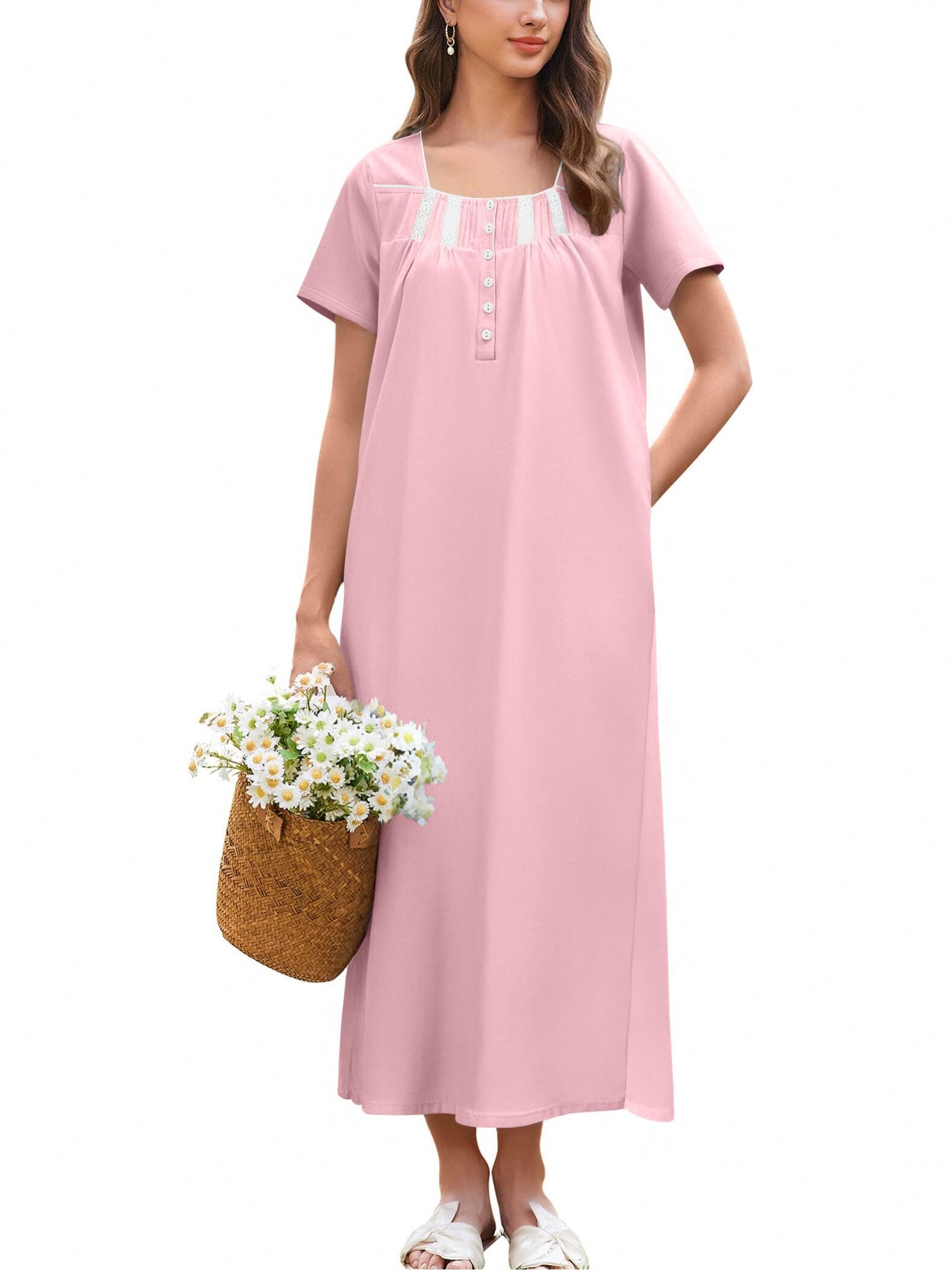 Ekouaer Long Nightgowns for Women Cotton Nightgown Short Sleeve Sleepdress with Pockets Full Length Sleepshirt