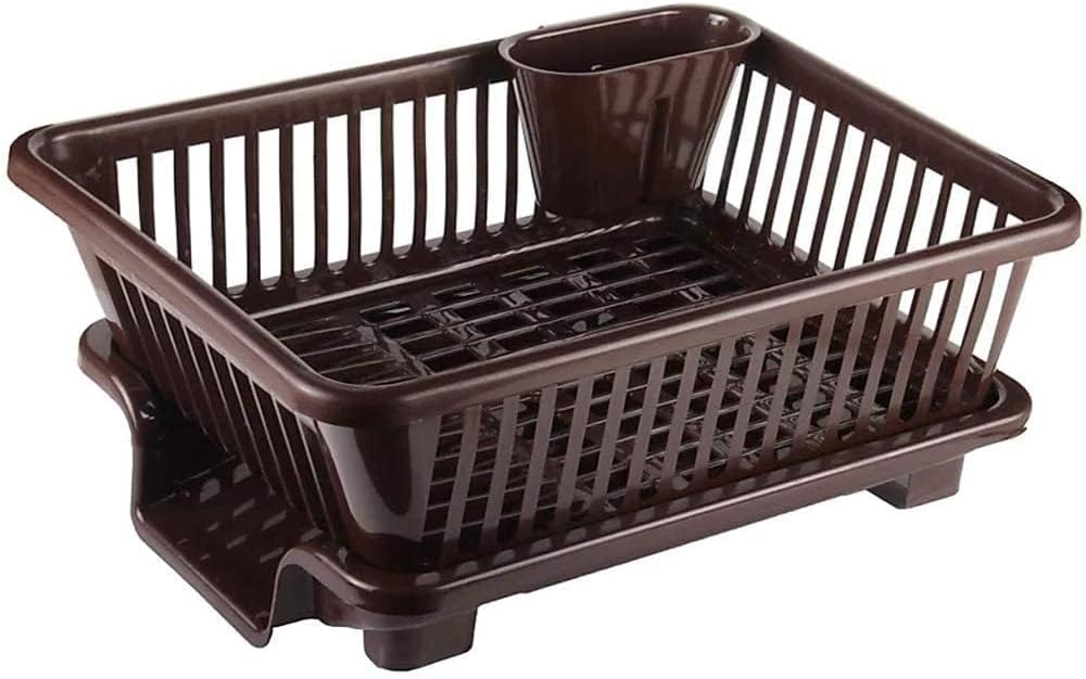 Kitchenwell Sink Dish Rack | 3 in 1 Large Durable Plastic Drainer Drying Rack Washing Basket with Tray | Dish Rack Organizers Utensils Tools Cutlery | Brown, Pack of 1