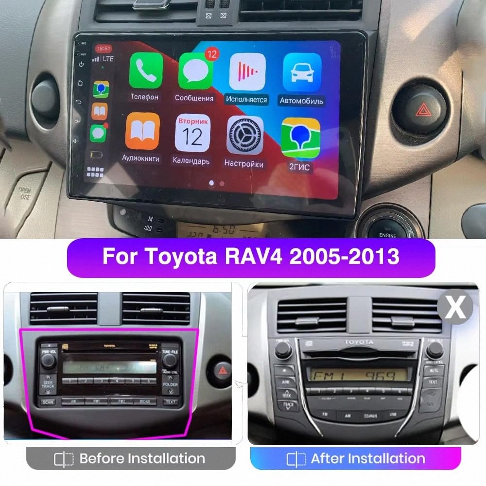 Car Stereo Carplay Radio de Coche para Toyota RAV4 RAV 4 XA30 2005-2013 Soporta Bluetooth, Control Volante, USB, WiFi, 4G, Mirror-Link, GPS Navegador/Radio FM, 4 Nuclear 4G+64G
