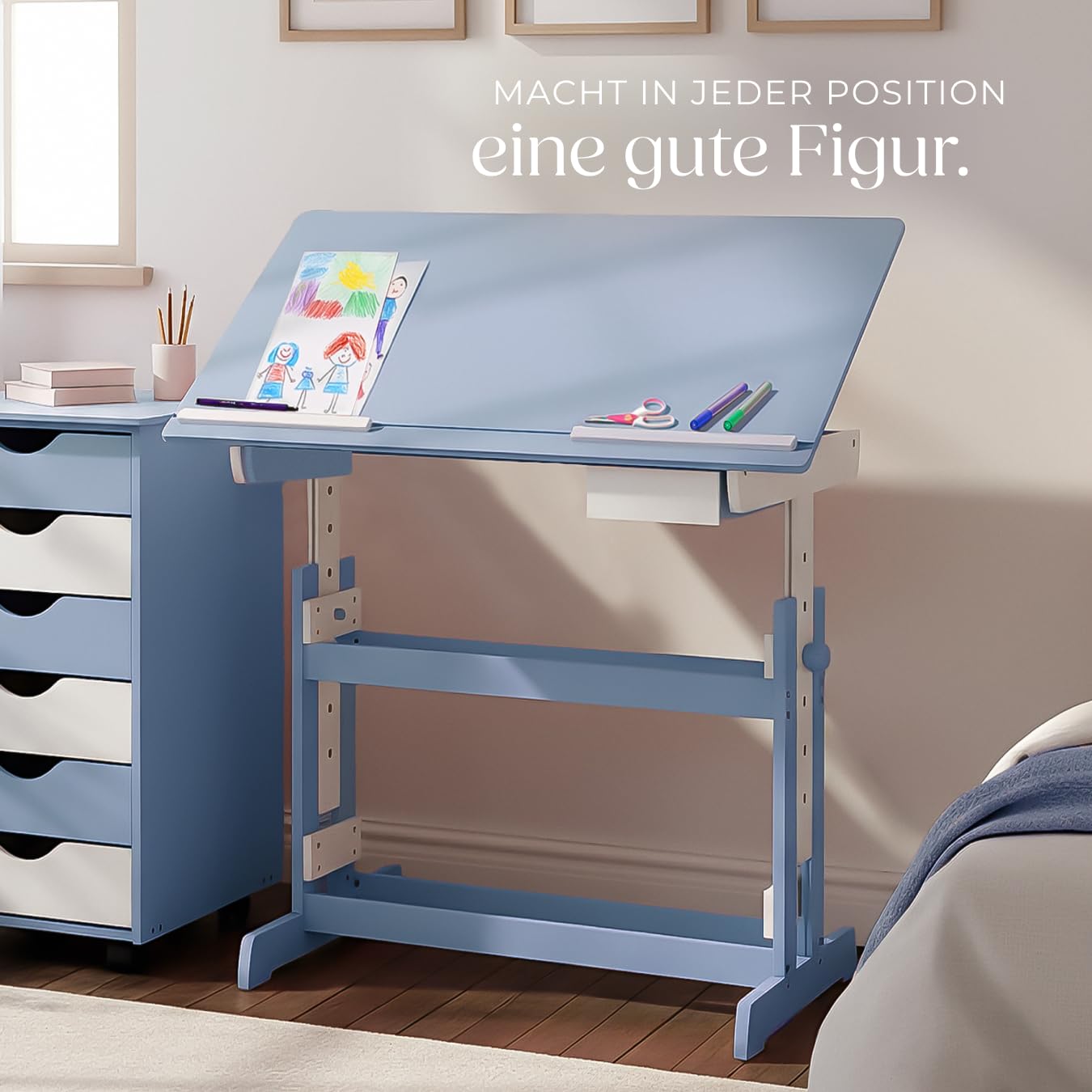 tectake® Kinderschreibtisch, Schreibtisch höhenverstellbar, Kindertisch mit Stauraum Schublade, Tischplatte neigbar, höhenverstellbarer Tisch, Arbeitszimmer für Kinder, Jugendzimmer - blau