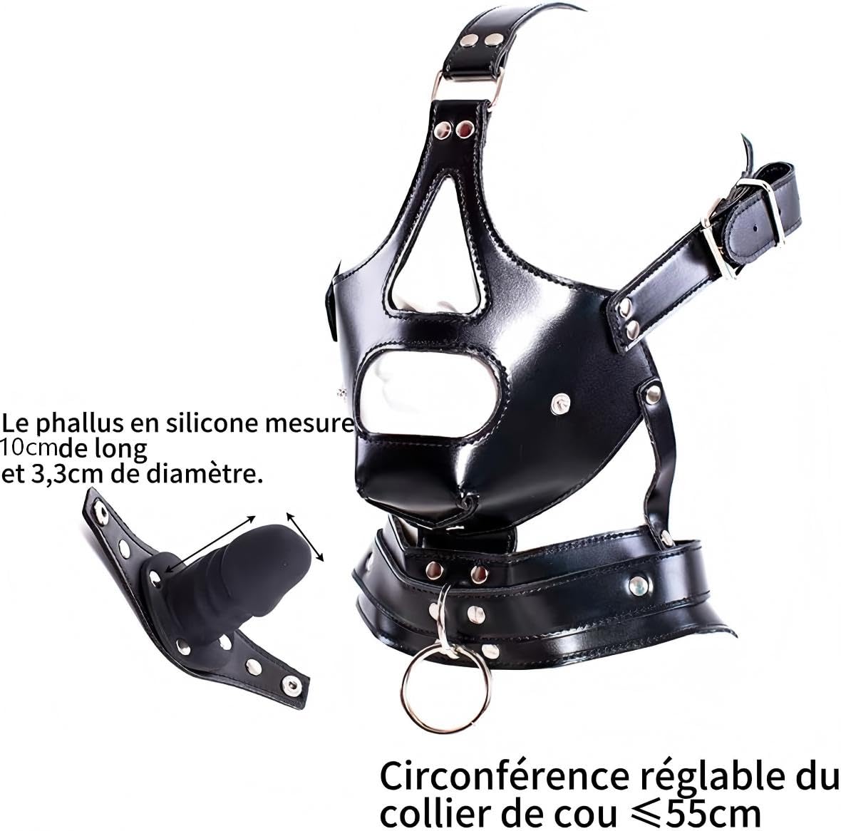 Noir Masque de tête en cuir PU avec harnais et bâillon amovible pour pénis Masque de tête à capuche BDSM Restraint Gode bâillon en silicone Sexuel pour Hommes Femmes Couple (Long 10cm)