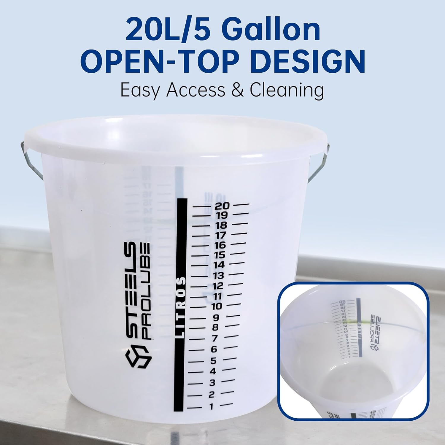 5 Gallon Graduated Bucket with Handle | Multipurpose Large Container, Heat & Chemical Resistant (-40°C to 200°C) for Industrial and Home Use（20L）