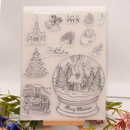 Miniatura 4 de Arbuya Globos de nieve de Navidad, sellos transparentes para diarios de arte o hacer tarjetas, casa de invierno, árbol de Navidad, sellos