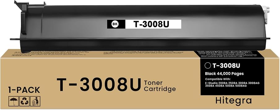 T-3008U T3008U Toner Cartridge Black witn New Chip Replacement for Toshiba T-3008U Toner Cartridge for E-Studio 2008A 2508A 3008A 3008AG 3508A 4508A 5008A 5008AG Printers, 1-Pack 2508A Toner Refill
