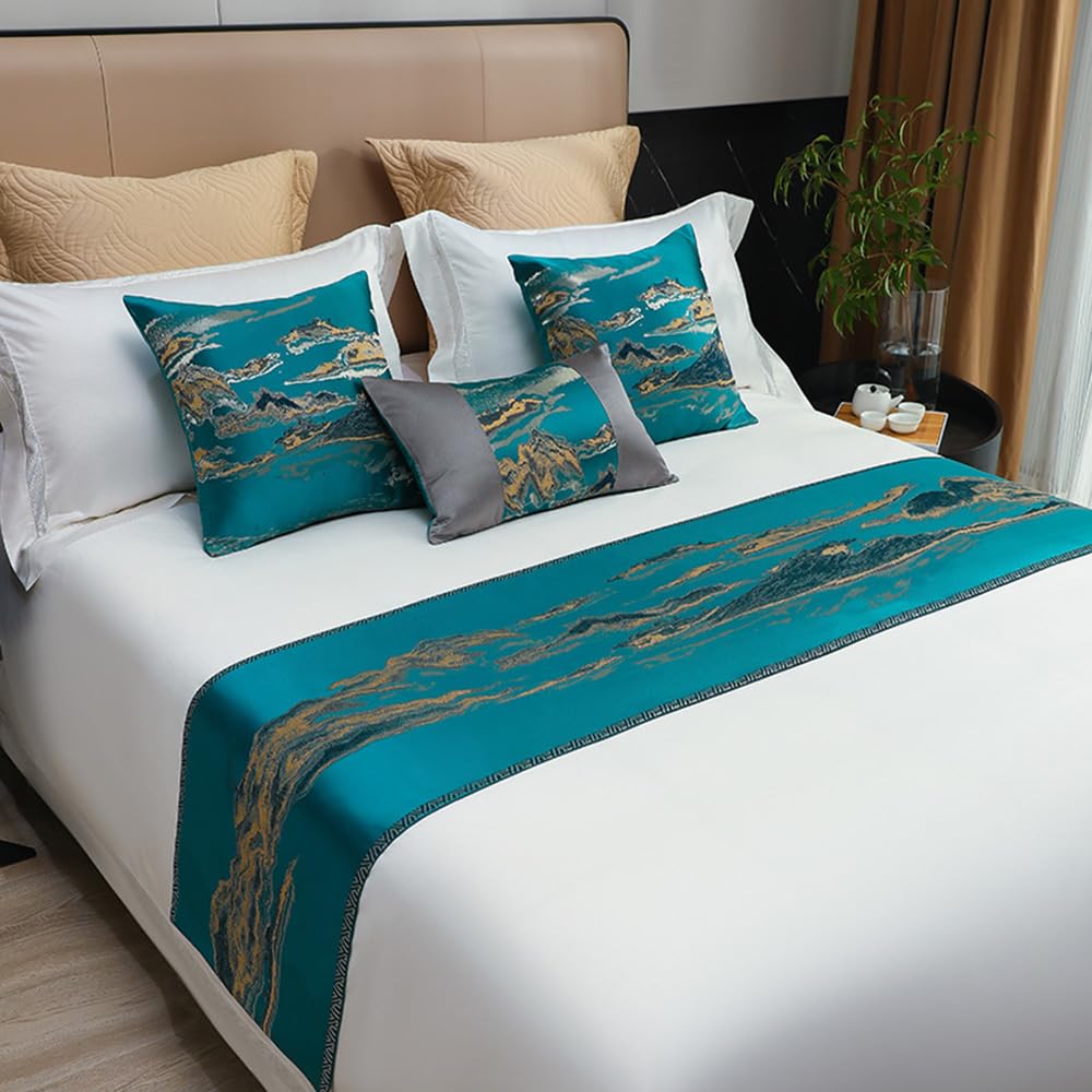 QRGMKL New Bed Runner Simple Chinoiserie Bed Scarf Jacquard Fabric Bed Runners and Matching Cushions Soft No Fading Bedspread for Bedroom and Hotel-Green||2 Pillowcases(45X45cm)