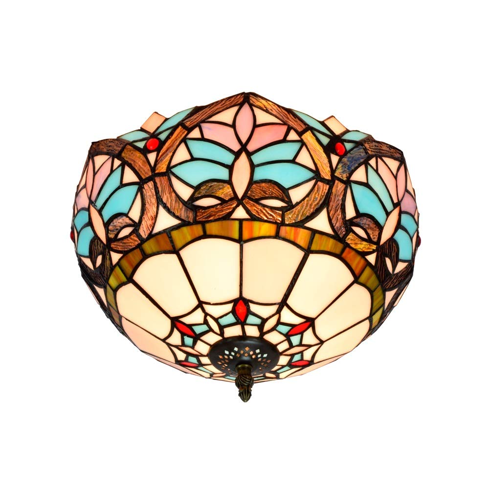 HJRegaFimu 12 Inches Flush Mount Ceiling Light Large Stained Glass Uplighter Lamp Blue Hearts Vintage Style Deco Chandelier For Living Dining Room Bedroom Corridor